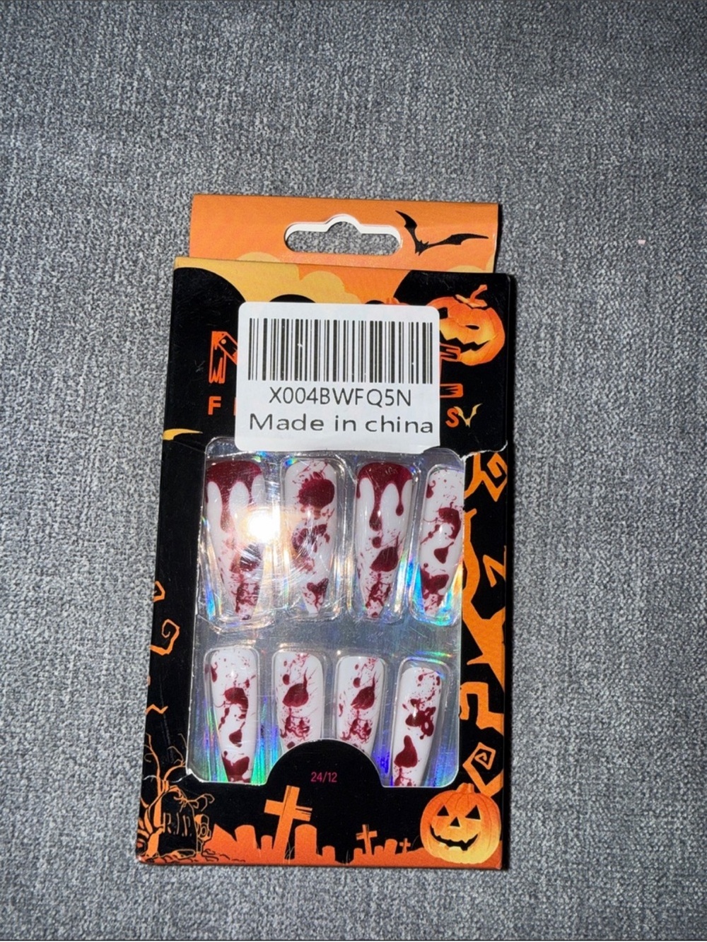 Long Stiletto Blood Splatter Nail Set - White & Red Halloween Press On Nails - Picture 2 of 3